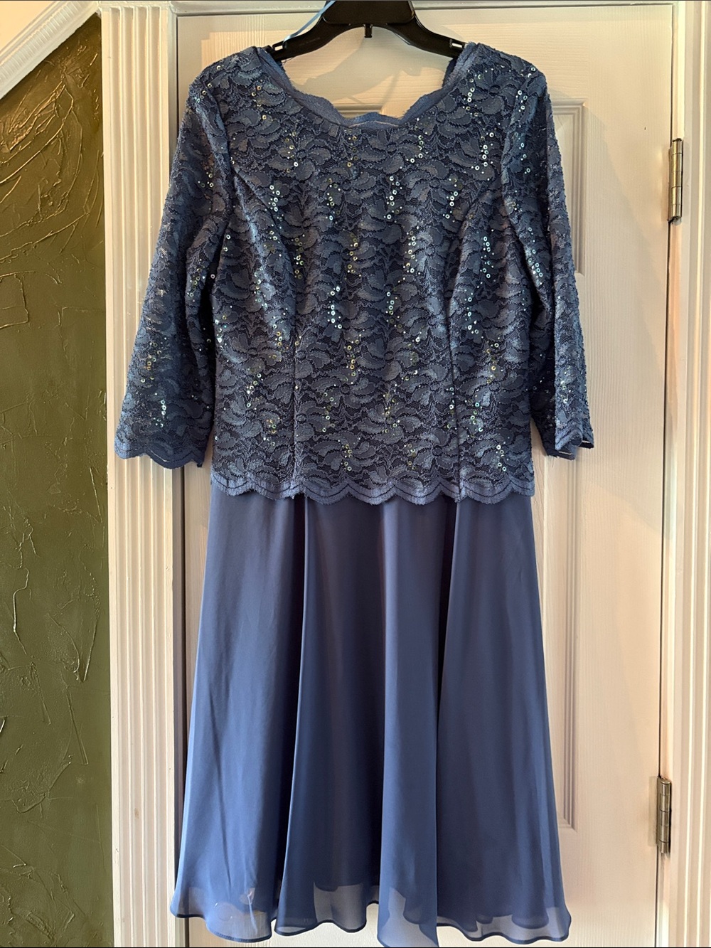 Alex Evenings Sequin Lace Midi Dress in Dusty Blue